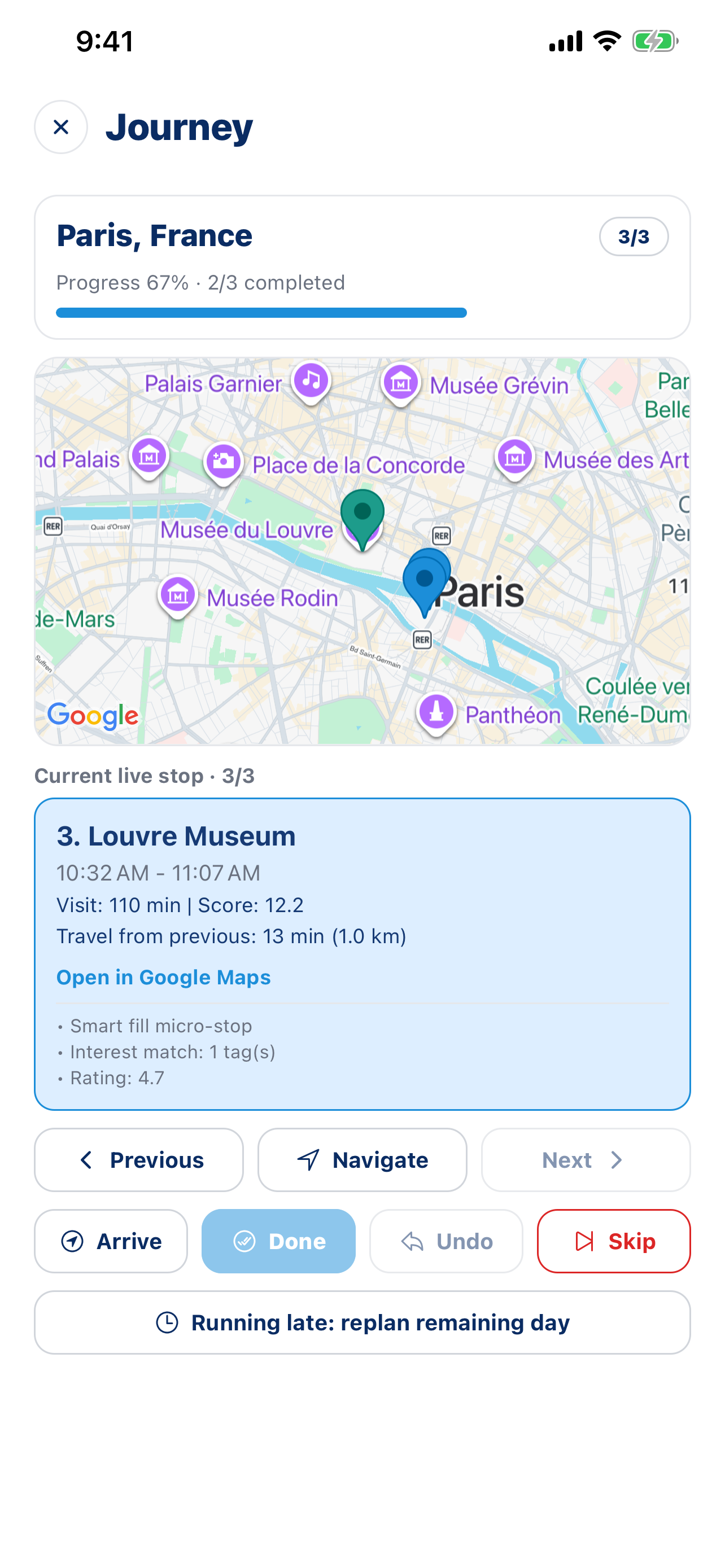 Live journey controls and progress