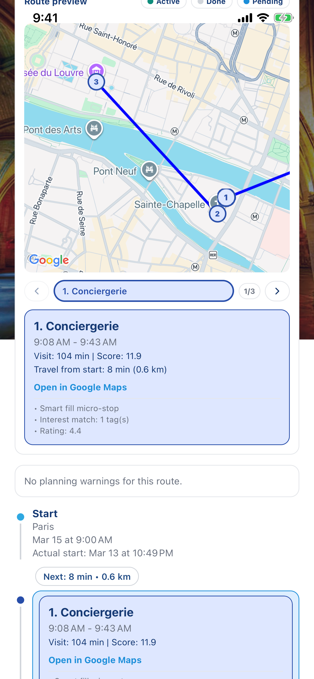 Tour map and timeline view